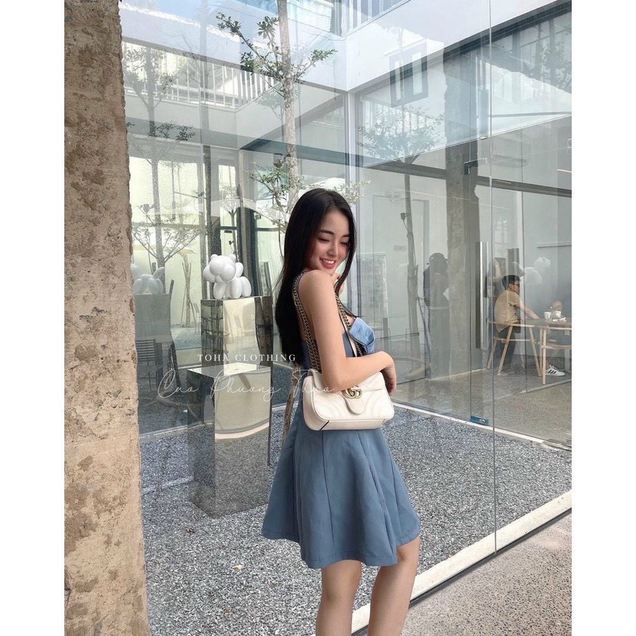 Đầm phi xoè 2 dây nơ ngực hở vai lưng sexy tiểu thư công chúa xanh nâu ulzzang