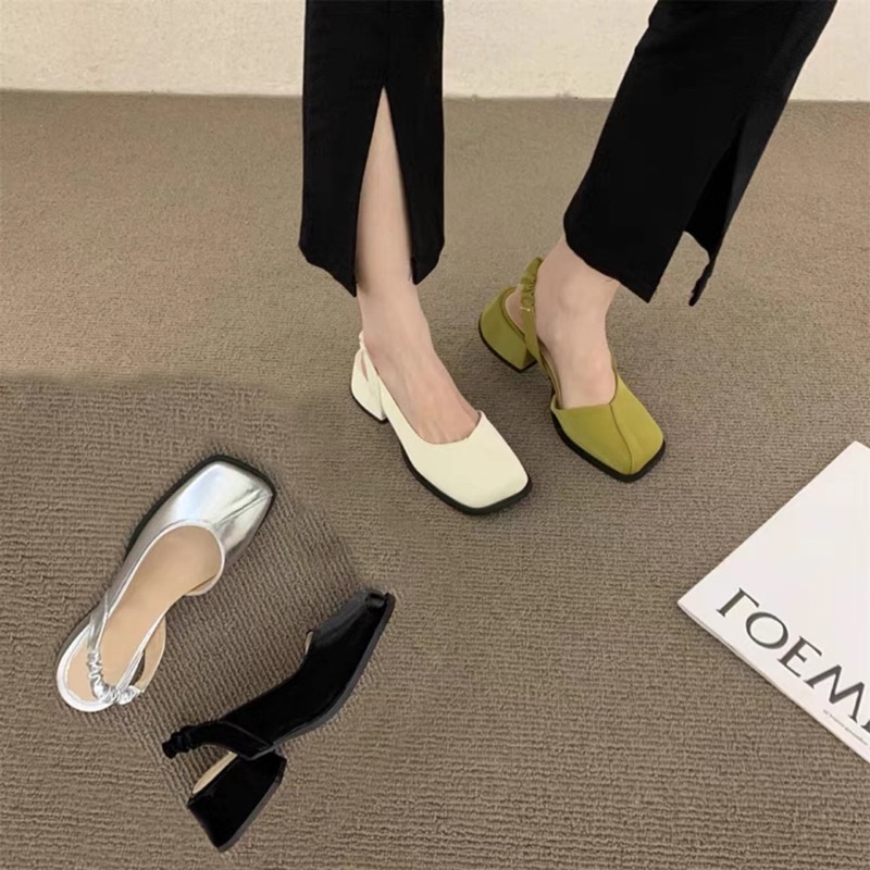 Giày cao gót phong cách retro Pháp đầu vuông dây co dãn dễ đi