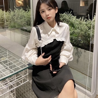Pass Set áo croptop sơ mi trắng dài tay mix váy 2 dây mua 250k new 100% chat gửi ảnh thật
