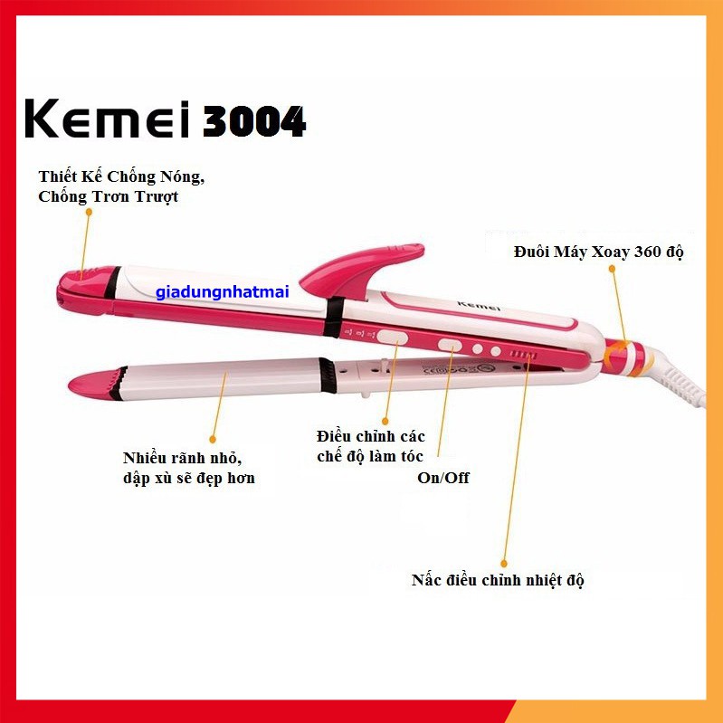 [FREESHIP] Máy Làm Tóc Kemei 3 Trong 1 Chỉnh Nhiệt Độ Modle KM3304 Đễ Xoay 360 Độ Làm Xoăn Là Thẳng Dập Xù