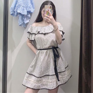 VÁY KẺ CỔ BÈO THẮT NƠ EO ZR(ẢNH THẬT)