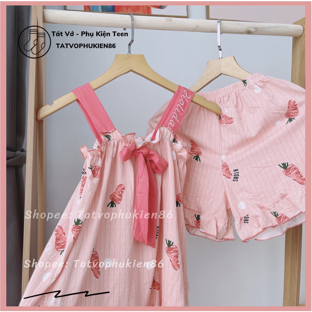 Đồ bộ nữ -Đồ mặc nhà SALE Bộ đồ ngủ 2 dây đính nơ dễ thương bigsize thun mền mát, đồ ngủ nữ mặc nhà sau sinh