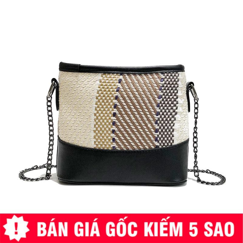 Túi Cói Vân Sọc Phối Da Khóa Kéo Cực Hot