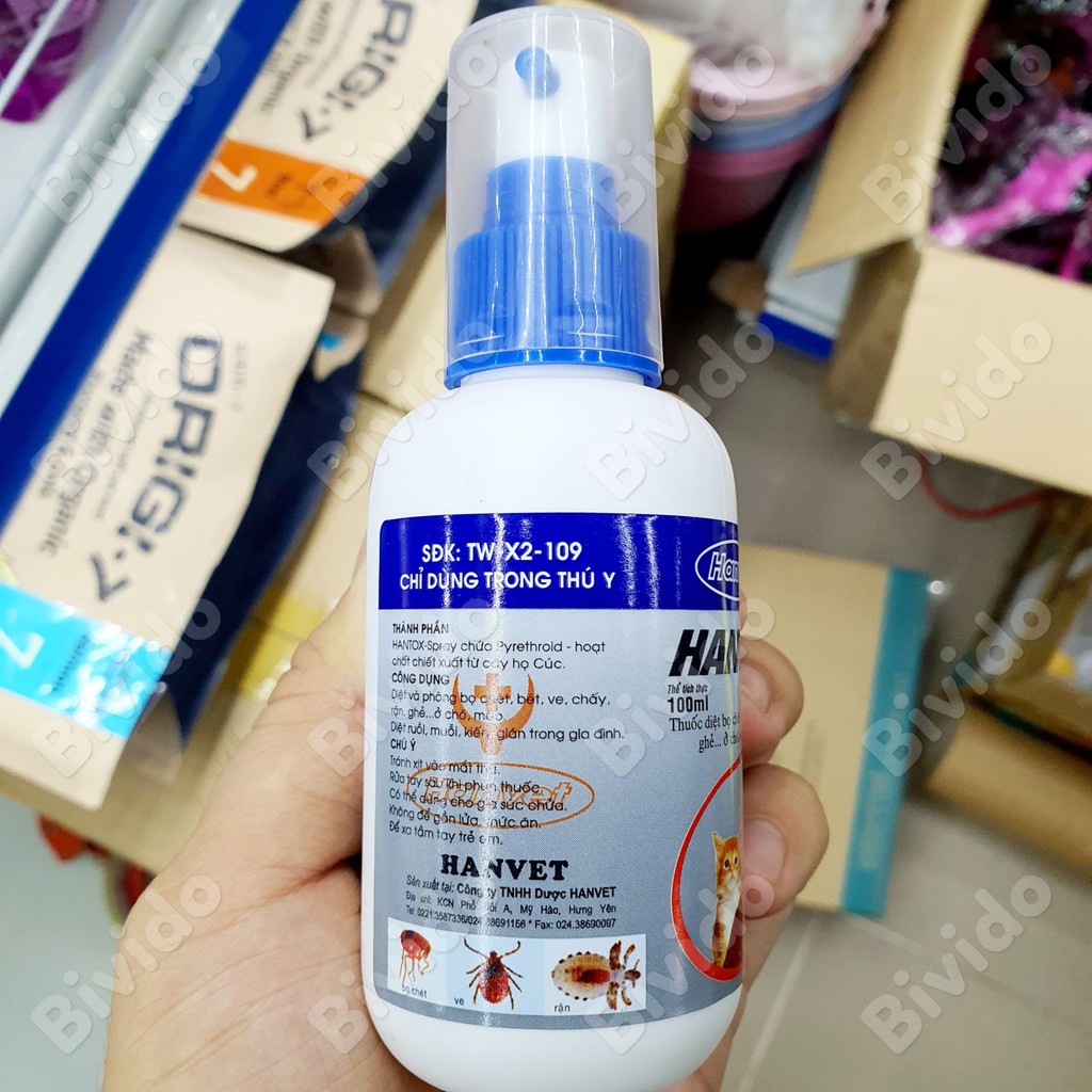 Thuốc xịt ve, bọ chét, ghẻ cho chó mèo Hantox Spray Hanvet chai 100ml - Bivido