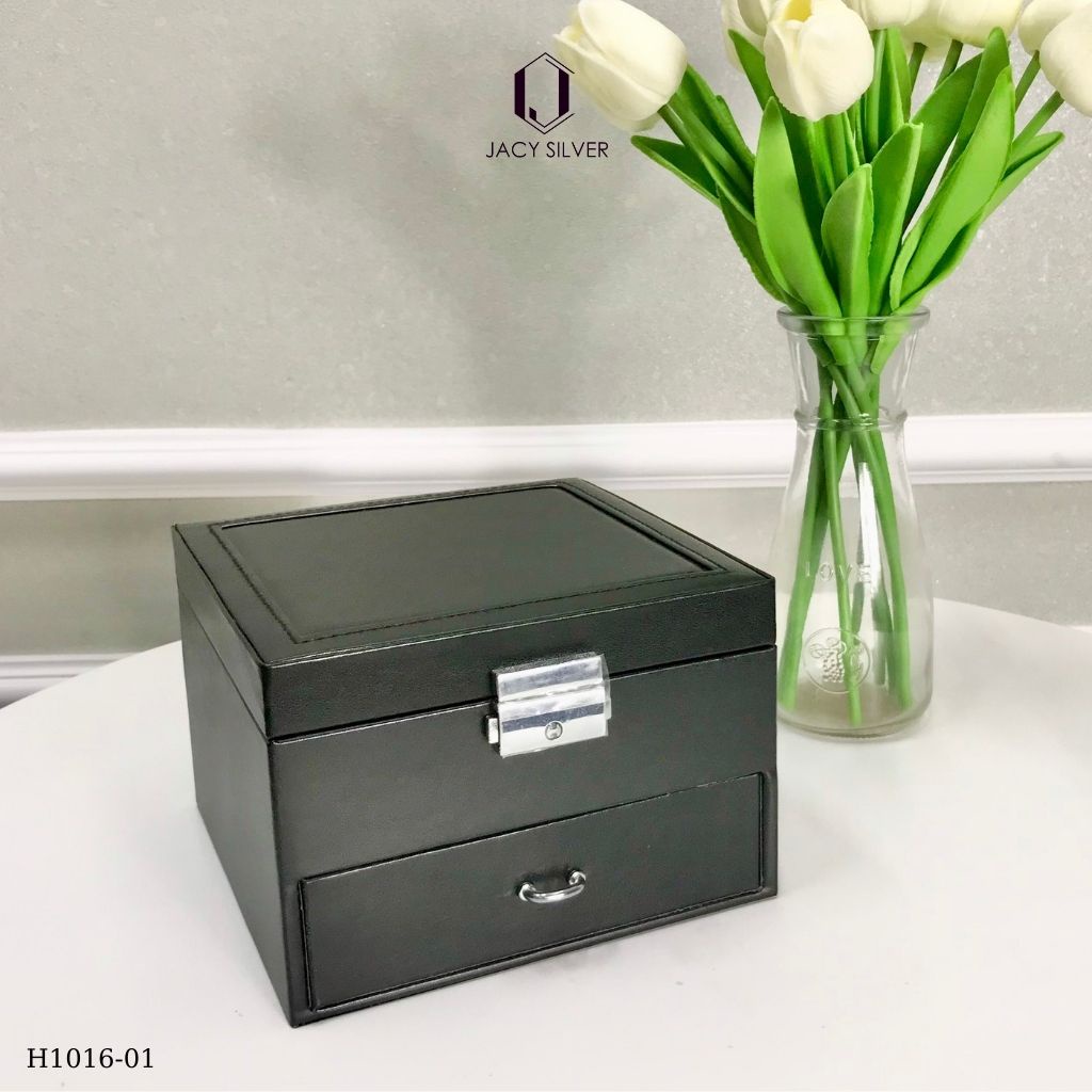 Hộp da đựng trang sức, dây chuyền, nhẫn, khuyên tai 2 tầng kèm gương H1016