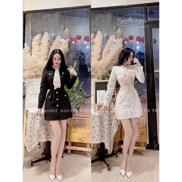 Đầm kaki cúc đồng phối cổ lụa