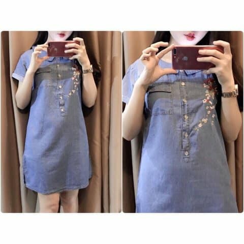 Váy bò denim cổ Peter Pan thêu hoa
