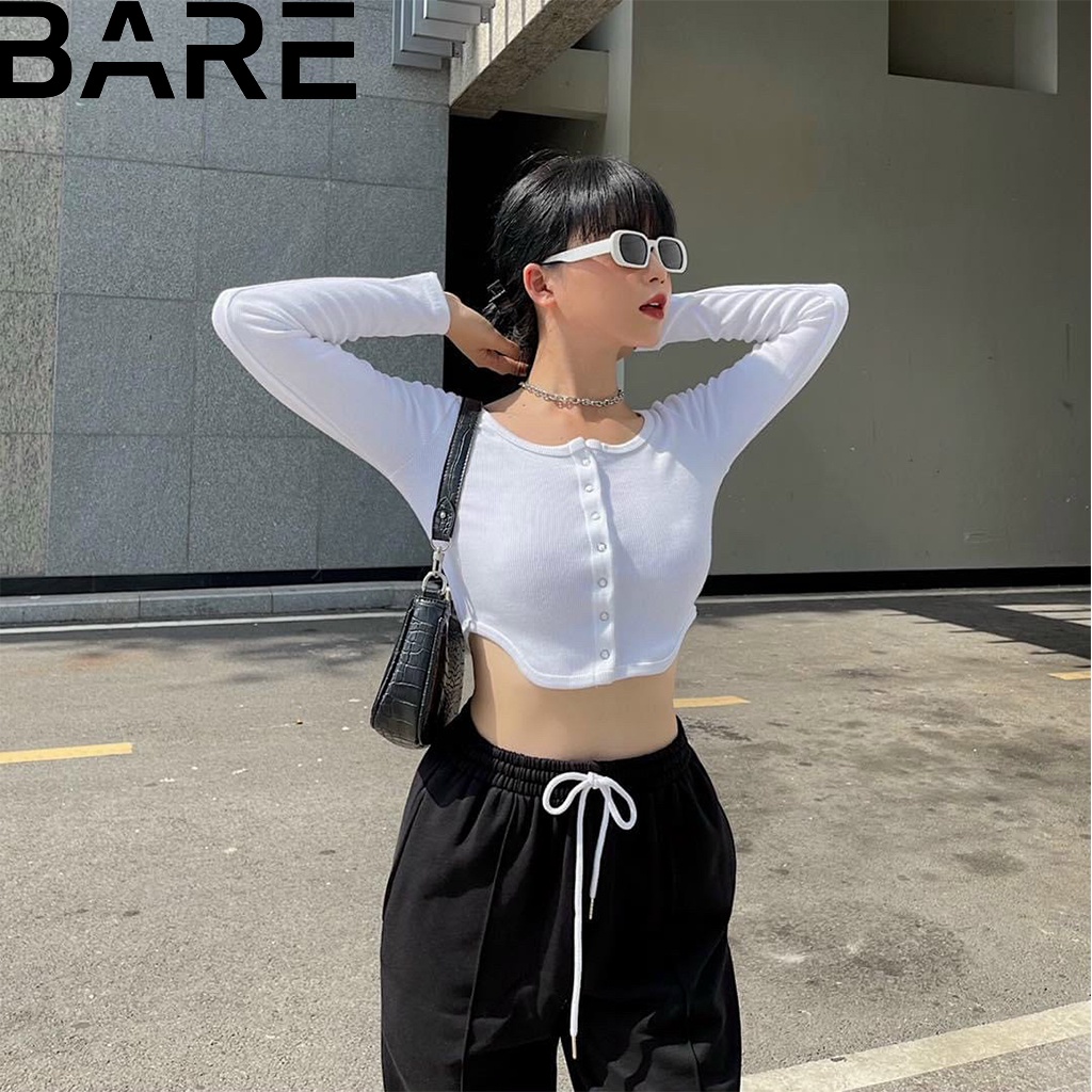 Áo croptop nữ tay dài chất thun gân phối nút bấm vạt chữ U cá tính - AO0150