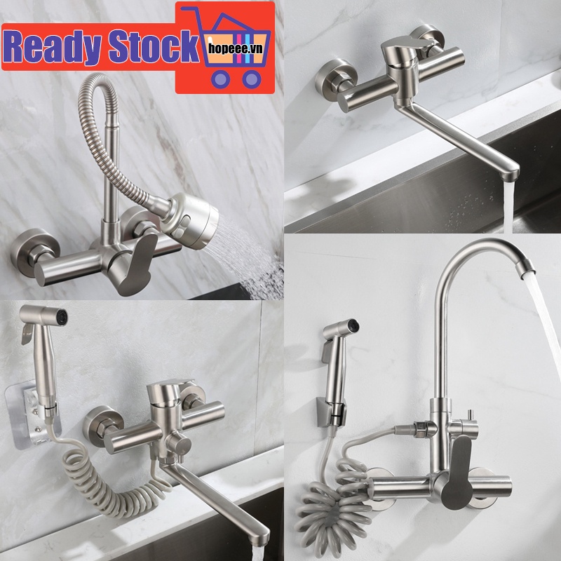Vòi Rửa Bát Nóng Lạnh Cắm Tường Vòi nước nhà bếp inox 304 cần xoay 360 độ gắn tường