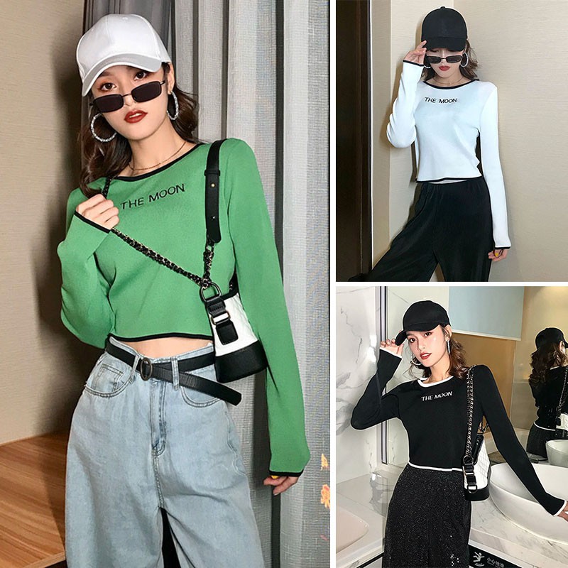 Áo Sweater dệt kim cổ tròn thiết kế dáng rộng thoải mái thời trang trẻ trung