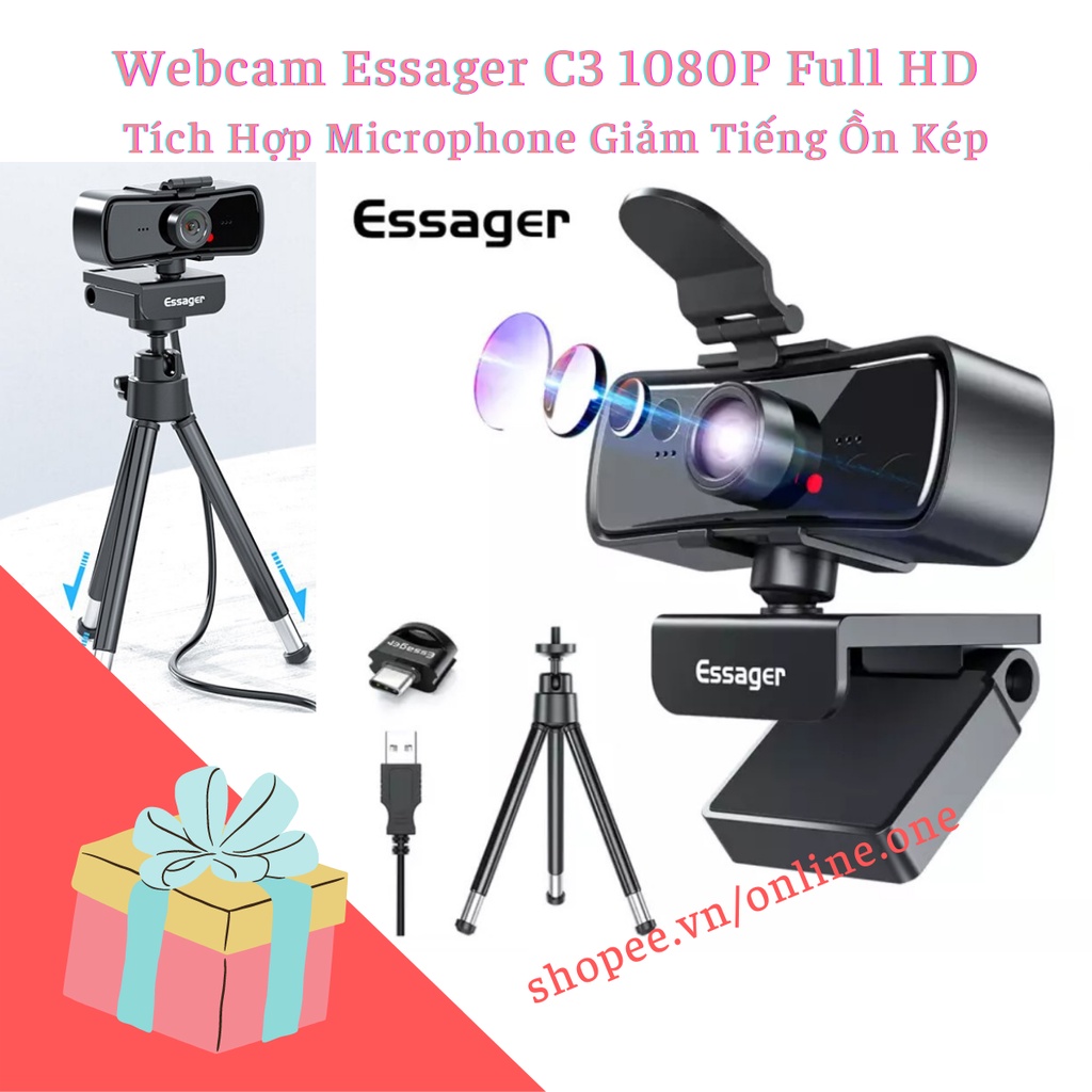 Webcam ESSAGER C3 1080P Full HD Kèm Microphone Cho Máy Tính, Tự Động Lấy Nét, Học Online, Livestream. Gsshopvn