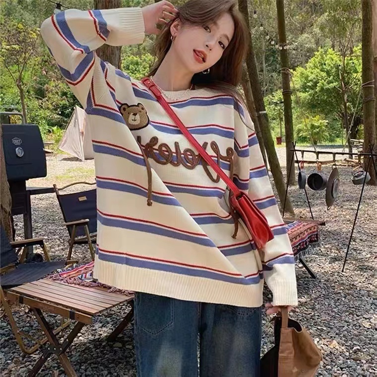 ZHELIHANGFEI Áo Sweater Tay Dài Cổ Tròn Kẻ Sọc Dễ Thương Xinh Xắn