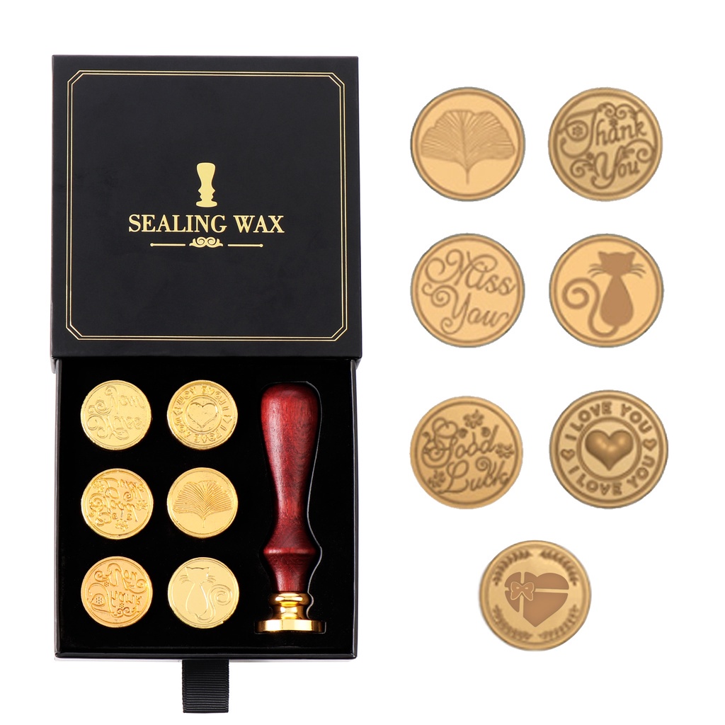 Bộ 7 Con Dấu Niêm Phong Sáp Niêm Phong Trang Trí Tay Cầm Gỗ Mới