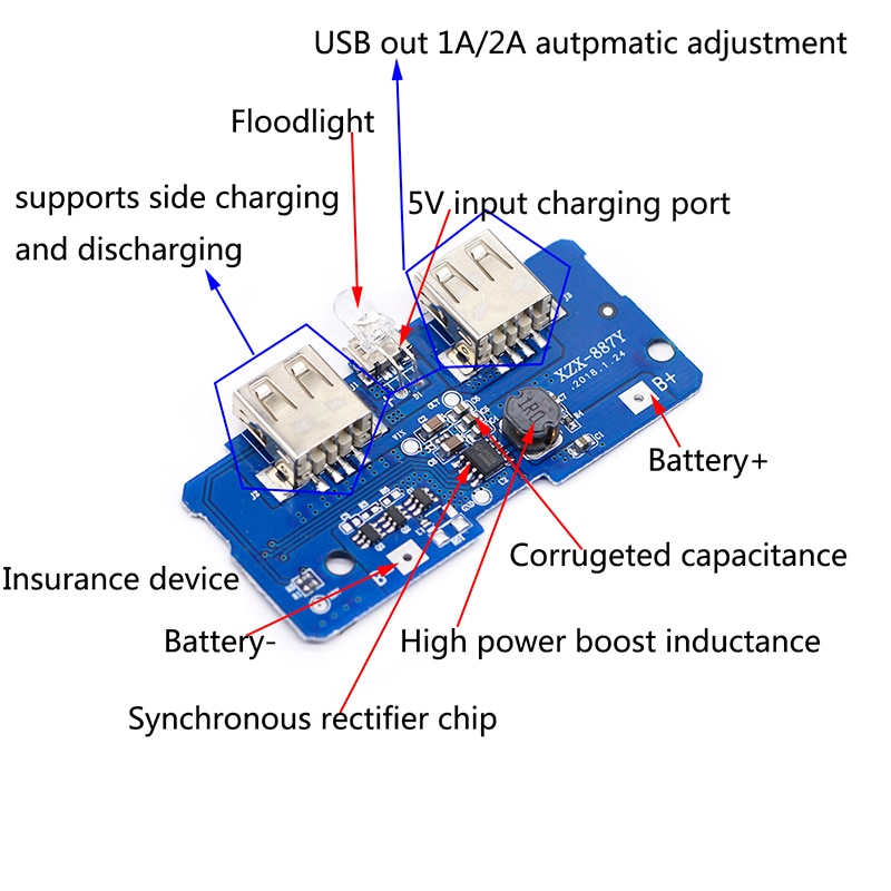 Mô đun mạch PCB tăng áp 3.7V đến 5V 2A pin Lithium 18650 cổng Micro USB kép có đèn Led dùng để làm sạc dự phòng DIY