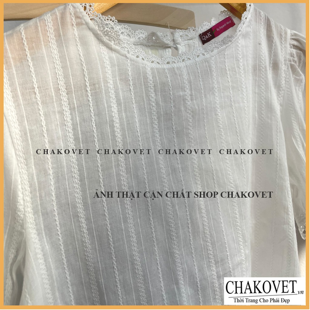 Áo sơ mi nữ cộc tay Chakovet, kèm ảnh thật, mẫu áo kiểu nữ Cổ ren tay bồng màu trắng - CA027 freesize &lt;47kg