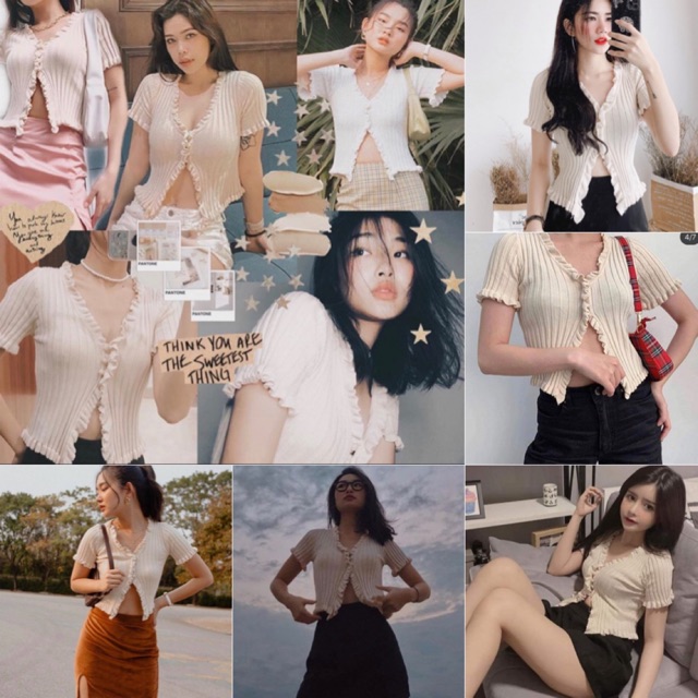 Áo Kiểu NEVER STOP CROPTOP màu NUDE thiết kế gài nút 1 nửa khoe vòng eo chất len dày co giãn hàng nhập quảng châu