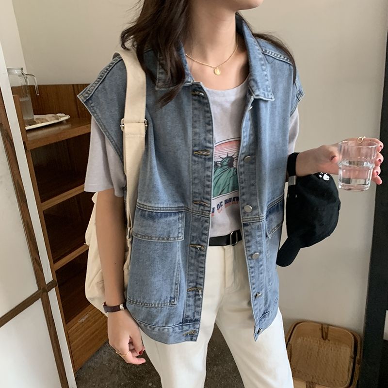 Áo khoác gile nam nữ denim form rộng hai túi có cổ