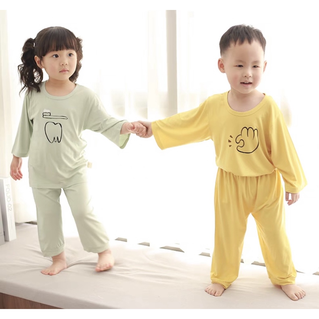 Bộ quần áo trẻ em dài tay thu đông Minkymon đánh răng chất thun lạnh cao cấp cho bé trai bé gái