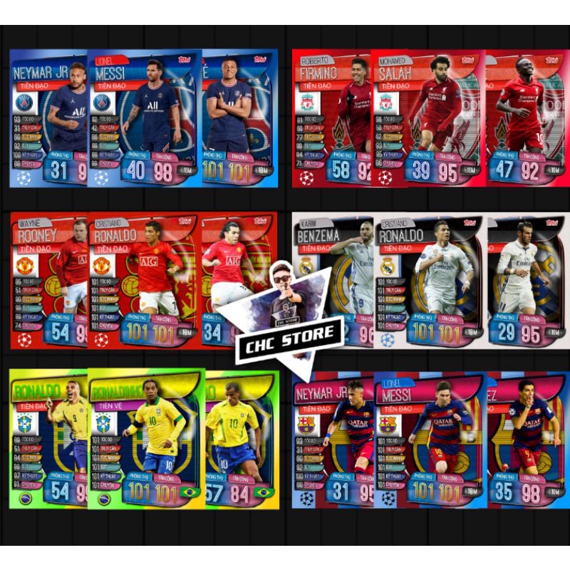 TAM TẤU TẤN CÔNG Thẻ cầu thủ match attax bộ 3 MSN BBC RONALDO BENZEMA BALE MESSI NEYMAR SUAREZ size poca