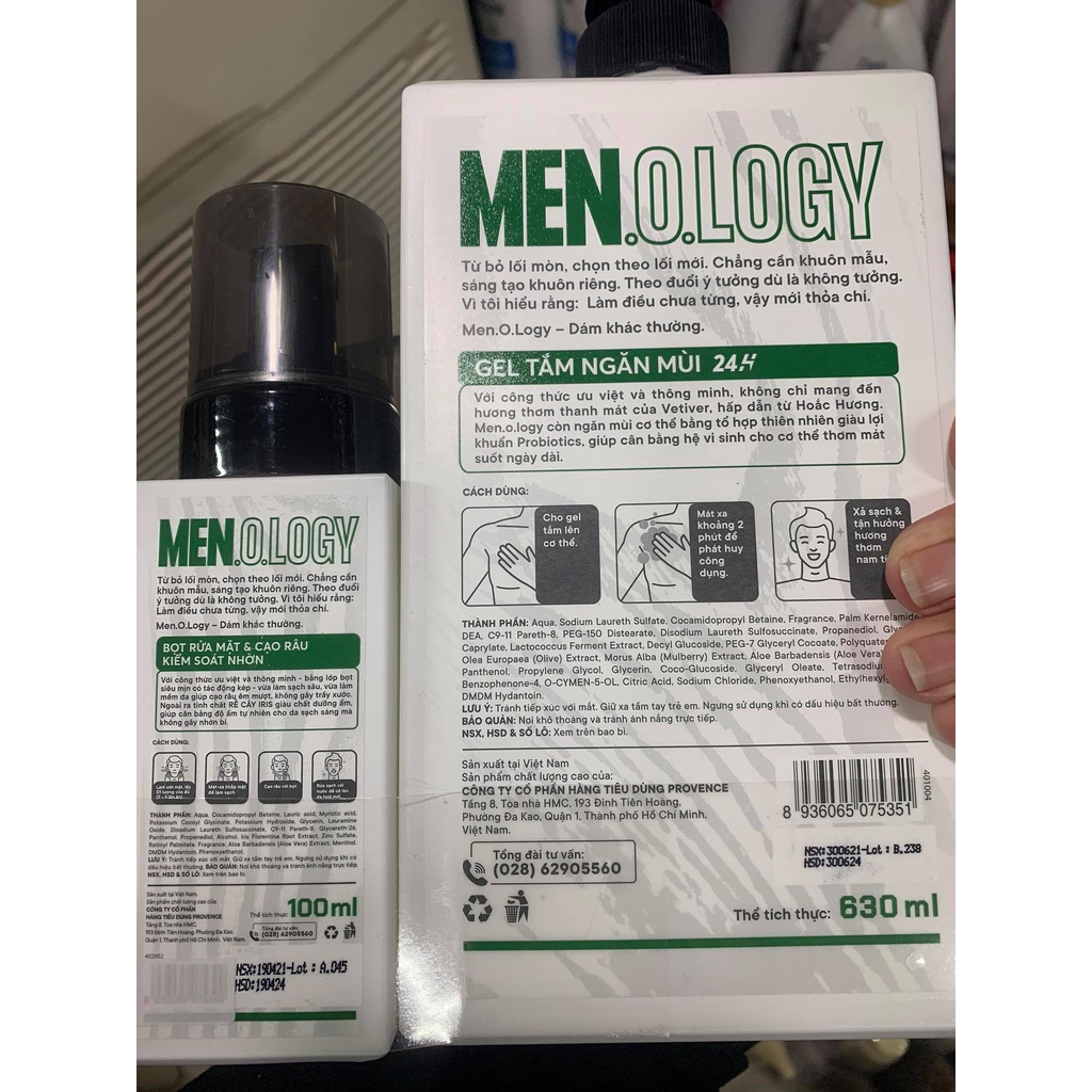 Combo Gel tắm nam MEN.O.LOGY ngăn mùi 24h 630ml và Bọt rửa mặt cạo râu 100ml