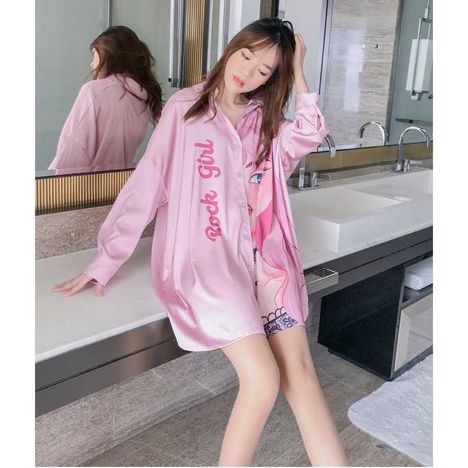 Váy ngủ sơ mi lụa tay dài rock girl &amp; snow girl blue lụa satin cao cấp quảng châu T006.