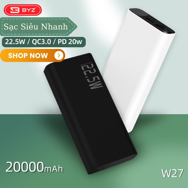Sạc Dự Phòng Điện Thoại,Pin Dự Phòng 20000mAh Chính Hãng BYZ Sạc Siêu Nhanh Có 2 Cổng USB QC 3.0 Bảo Hành 12 Tháng