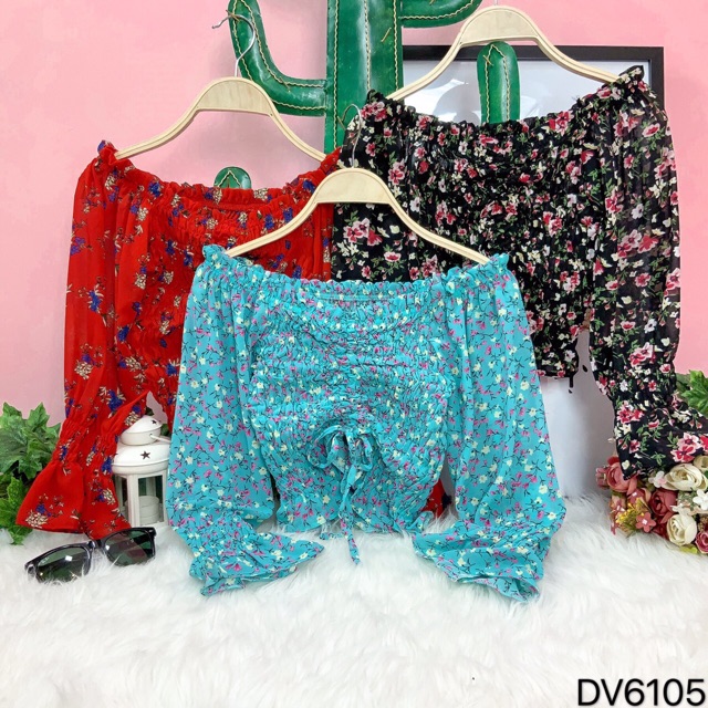 Áo Croptop hoa nhí rút dây đan nổi tay dài bo thun cổ rộng