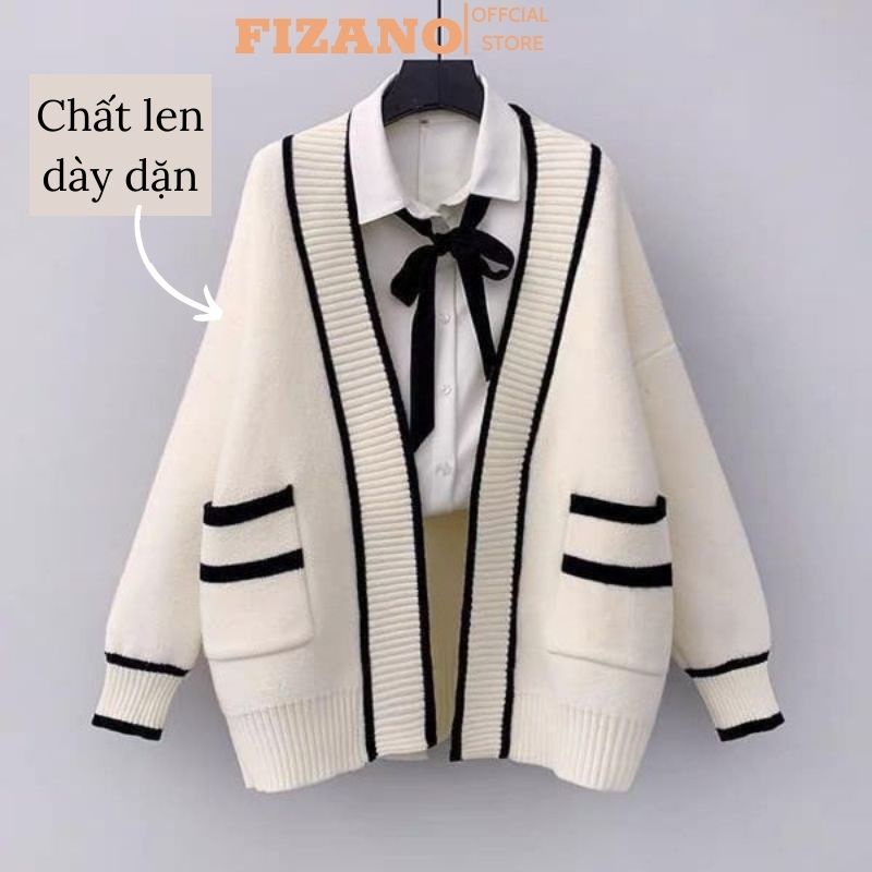Áo len nữ cardigan dệt kim dài tay phối viền bo chun tay form rộng hai màu đen trắng basic FIZANO