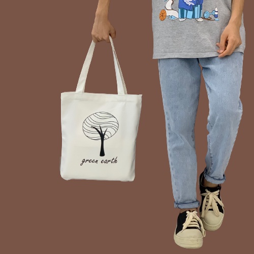 Túi tote vải canvas có khoá kéo miệng túi in hình Green Earth cực ngầu