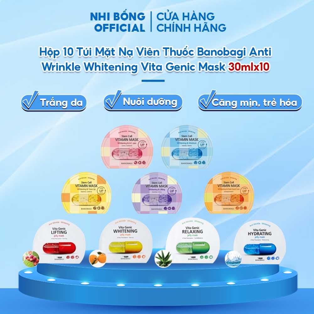 Hộp 10 Túi Mặt Nạ Viên Thuốc / Mặt Nạ Giấy Viên Thuốc Banobagi Anti Wrinkle Whitening Vita Genic Mask Hàn Quốc