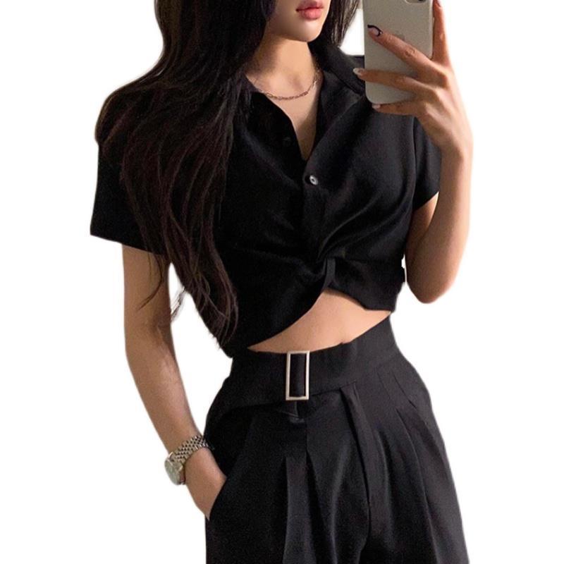 Áo croptop BH tay ngắn cổ polo lưng cao kiểu Hàn Quốc dễ thương cho nữ