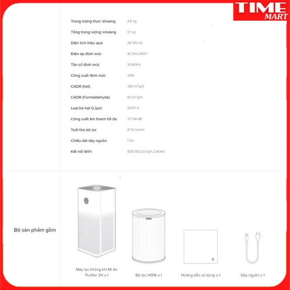 Máy lọc không khí thông minh Mi Air Purifier 3H [CHÍNH HÃNG] [TIME_MART siêu thị tiện ích gia đình]