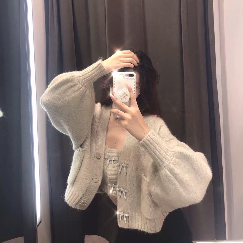Set áo khoác len cardigan croptop tay bồng + áo 2 dây bản to cổ vuông đính nơ đá ZR Ulzzang siêu đẹp ❤️