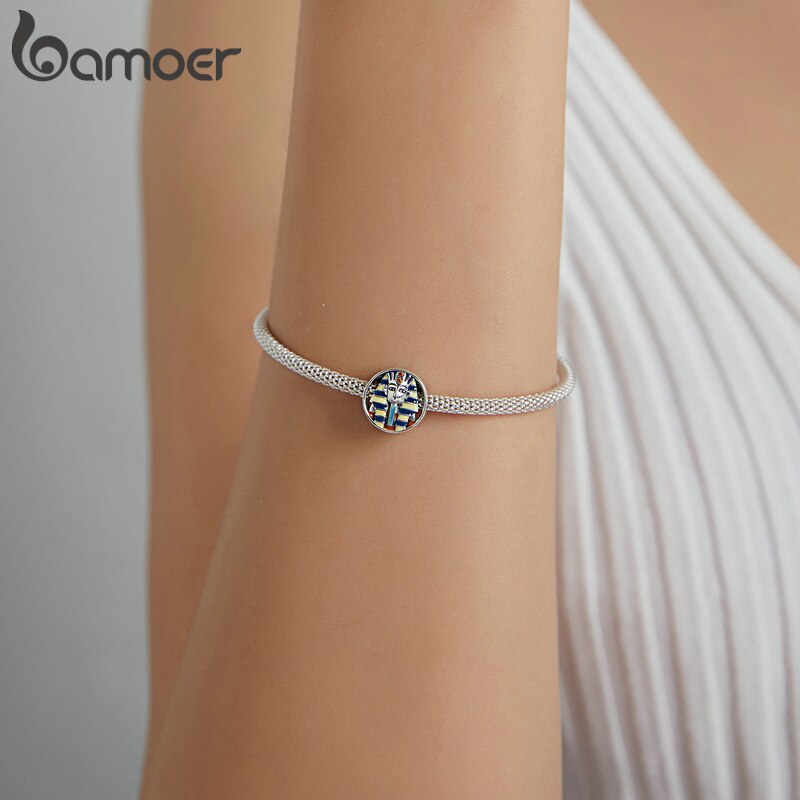 Mặt trang sức Bamoer SCC1858 bằng bạc 925 họa tiết Pharaoh Ai Cập cổ đại/thần mèo Bastet màu vàng dùng làm vòng tay DIY