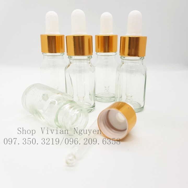 Chai đựng Tinh Dầu, Serum 10ml, Thuỷ Tinh Trong suốt, Nắp Bóp Nhôm Vàng