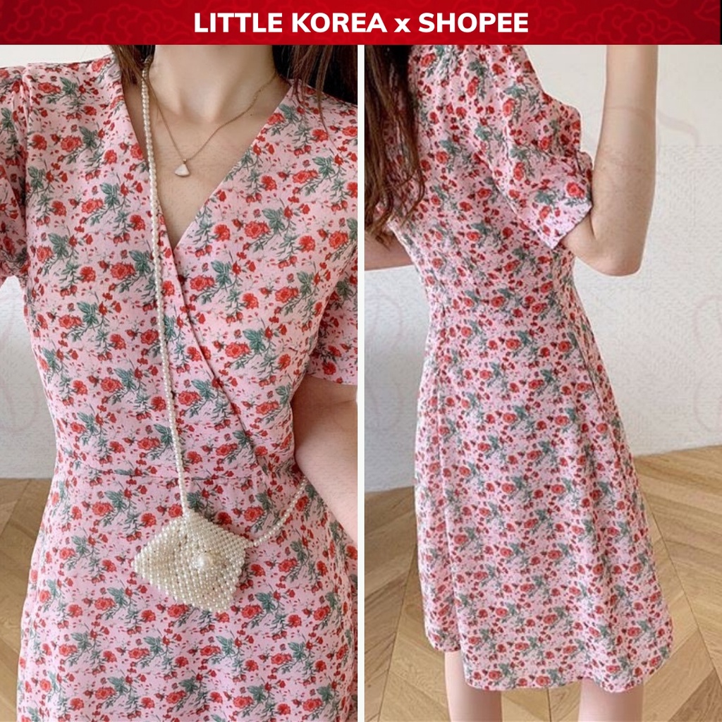 Váy Đầm Nữ Dáng Chữ A Xòe Dài Ngang Gối Ngắn Tay Cổ V Vát Chéo Họa Tiết Hoa Nhí - LITTLE KOREA