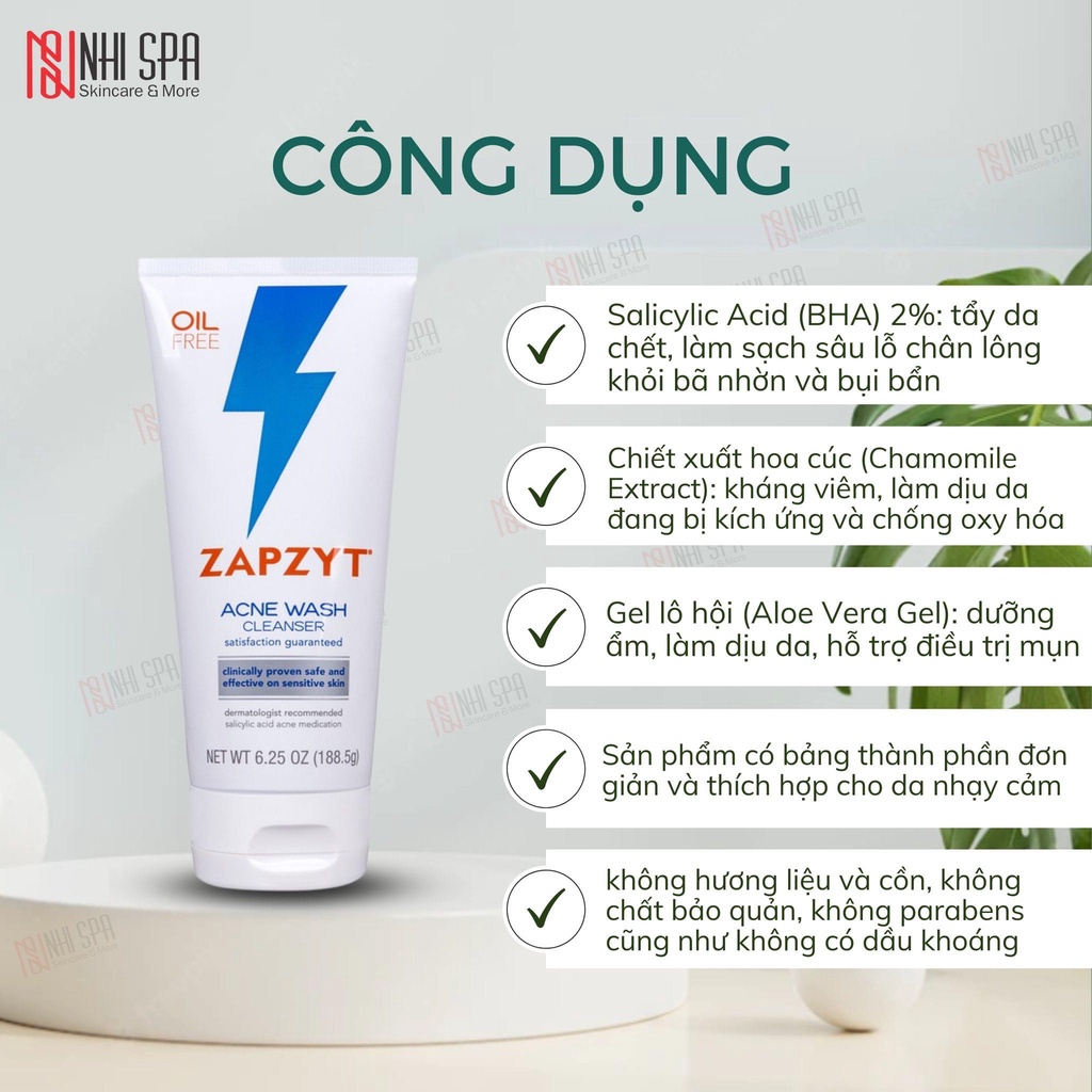 Sữa rửa mặt ZAPZYT Acne Wash Effective & Gentle Cleanser dành cho da mụn & gel bôi mụn benzoyl peroxide 10%