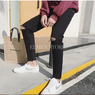 Quần Jean Nam Skinny Đen Trơn Vải Co Giãn, Không Phai Màu Dáng Skinny Trẻ Trung Năng Động
