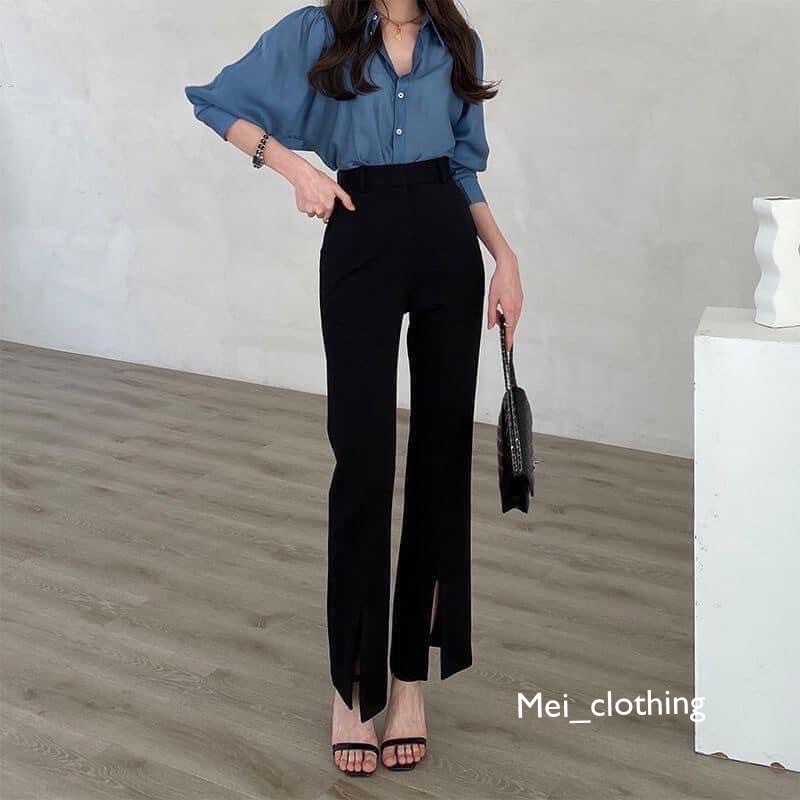 Quần ống loe xẻ gấu cực hack dáng chất tuyết mưa dày dặn