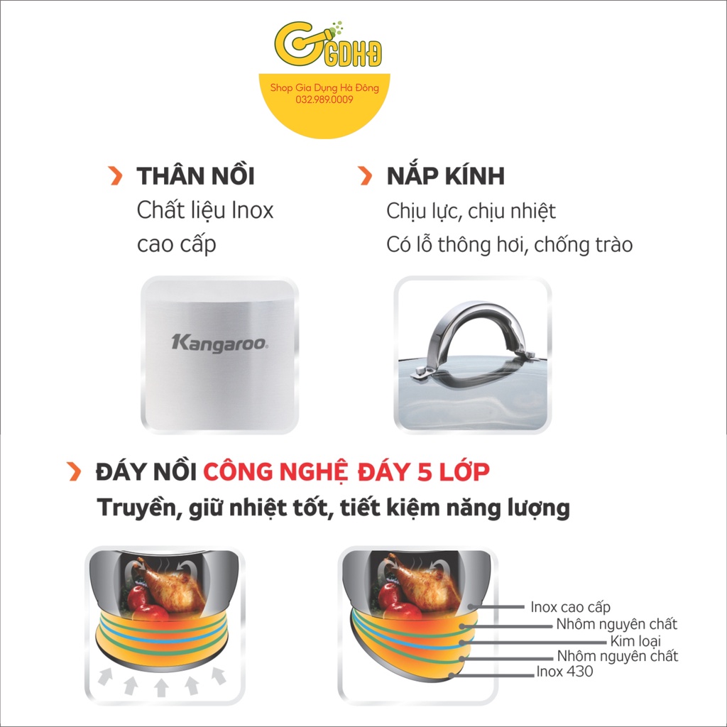 KG122 - Nồi luộc gà inox cao cấp  30cm - 14L, 5 lớp kangaroo, quai inox đinh tán sáng bóng gắnchắc, nồi có thang chia