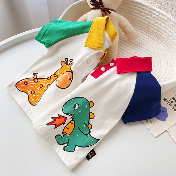 Áo polo Tay Ngắn In Hoạt Hình Khủng Long Hươu Cao Cổ Thời Trang Mùa Hè Hàn Quốc Dành Cho Bé Trai 2023