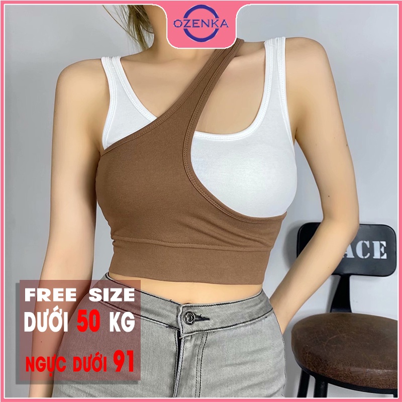 Áo ba lỗ nữ sát nách croptop OZENKA , áo thun không tay 2 lớp cải màu ôm body gợi cảm chất thun gân 100% cotton đen be