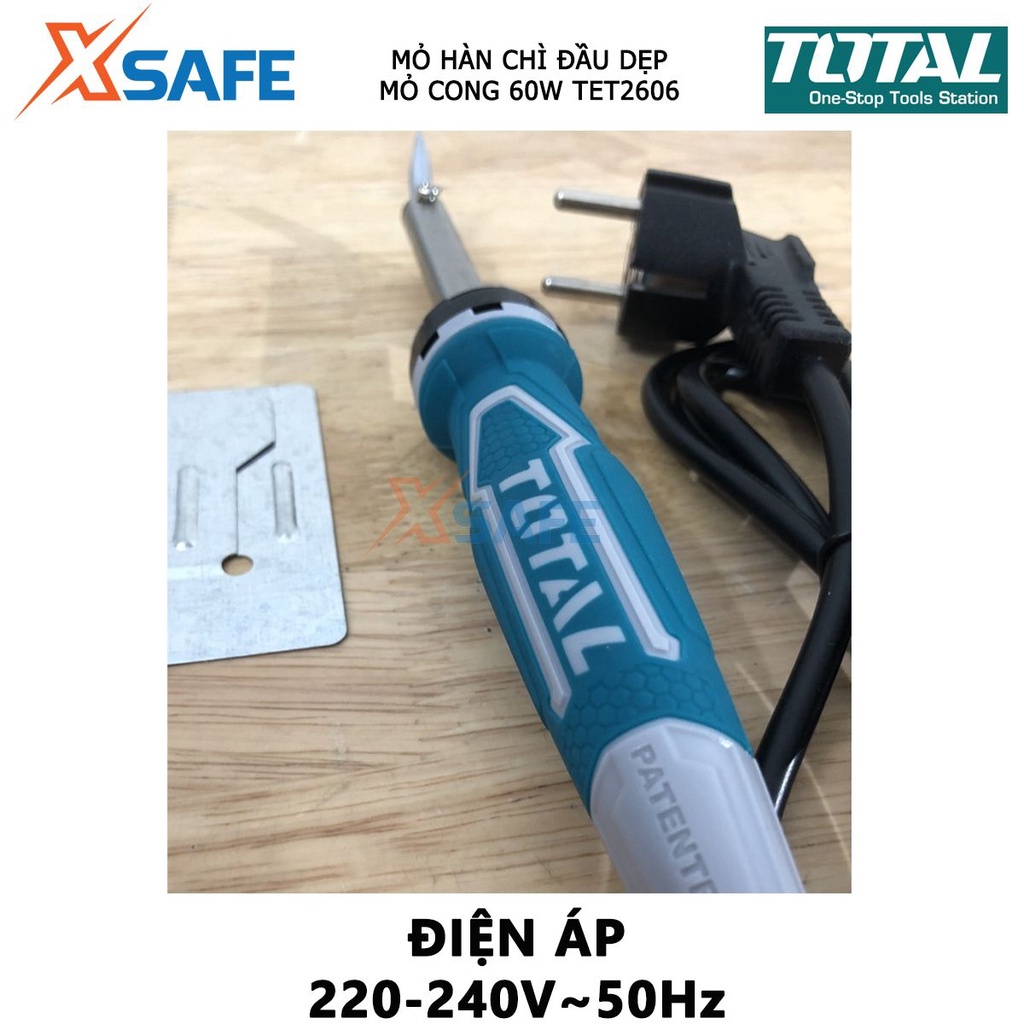 Mỏ hàn chì TOTAL TET2606 Mỏ hàn mũi cong công suất đầu vào 60W, thời gian làm nóng 3-5ph, dùng nối bảng mạch, kim loại