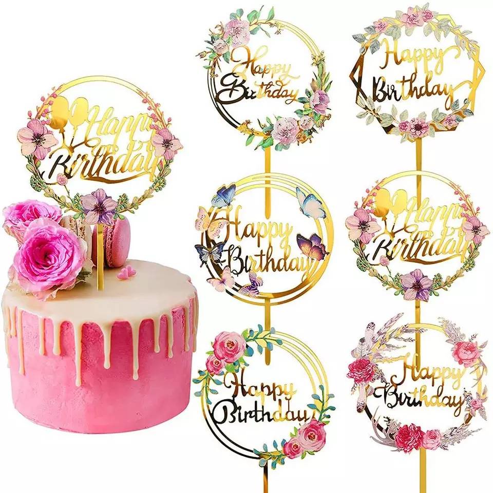 Ký Sinh Nhật Acrylic Bánh Topper Happy Flower In Màu Vàng
