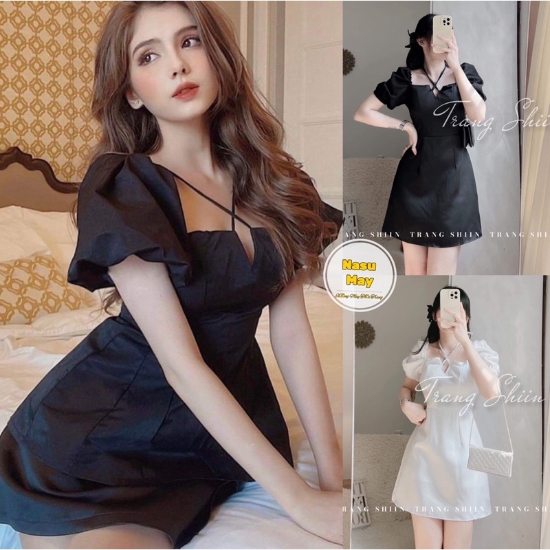 Đầm Nữ Tiểu Thư Sang Chảnh Dự Tiệc, Váy Cổ Yếm Mặc 2 Kiểu Trắng Đen Dây Cổ Khoét Ngực (đầm khoét ngực)