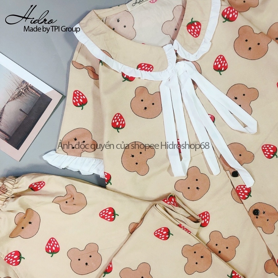 Bộ Ngủ Pijama Phối Nơ Bèo Tay Ngắn Quần Dài Họa Tiết Dễ Thương Thiết Kế Cao Cấp Phong Cách Tiểu Thư