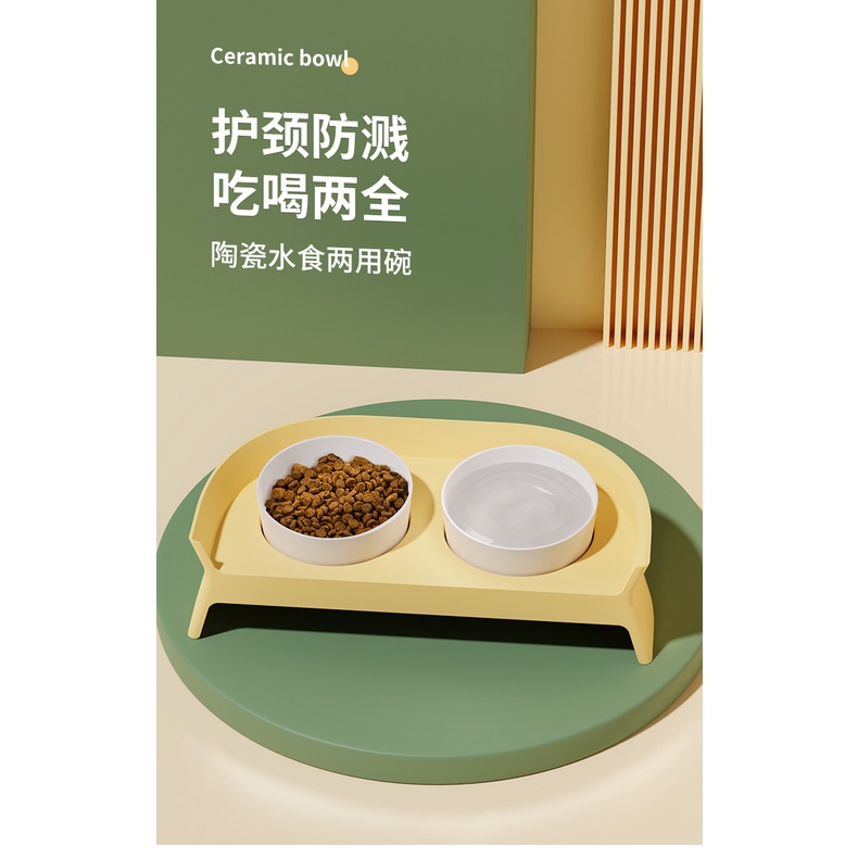 Bát ăn sứ kèm kệ chống gù cho chó mèo chất liệu cao cấp