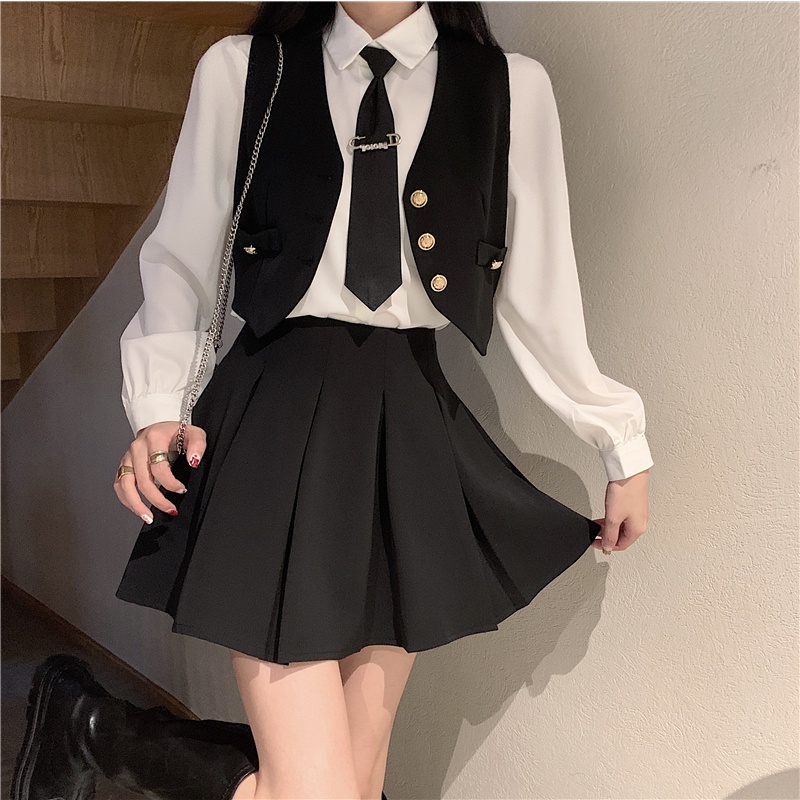 Set áo sơ mi trắng tay dài kèm cà vạt + vest gile croptop không tay + váy ngắn lưng cao xếp ly nâu đen ulzzang