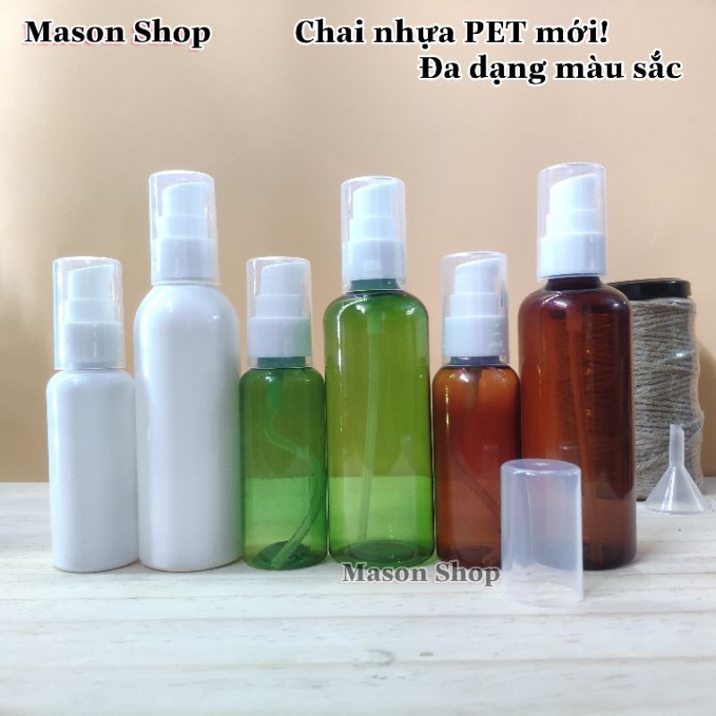 LỌ CHIẾT MỸ PHẨM dạng vòi NHẤN GIỌT GEL 50ml/100ml VỎ BÌNH CHAI NHỰA PET Trắng/Nâu/Xanh lá giá sỉ rẻ