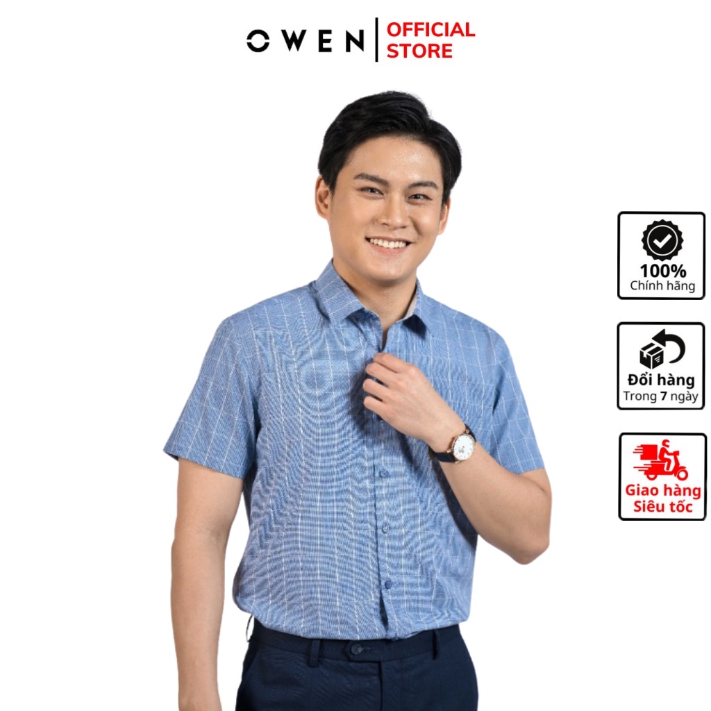 Áo sơ mi nam ngắn tay OWEN BA220008NT somi công sở vải sợi tre cao cấp màu xanh tím caro trắng dáng body fit tà bằng